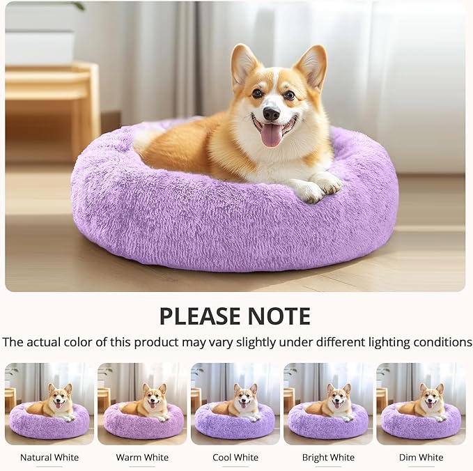 JOLLYVOGUE Calming Dog Bed Medium Size Dog, Anti-Anxiety Donut Medium Pet Bed, 31 inches Fluffy Faux Fur Round Cat Bed, Fits up to 45 lbs Pets (Purple)