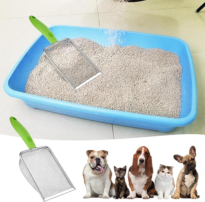 Stainless Steel Mesh Litter Shovel, Fine Mesh Metal Reptile Litter Cleaner Scooper, Green Non-Slip Handle Sifter for Lizard Substrate Reptile Terrarium Sand Waste