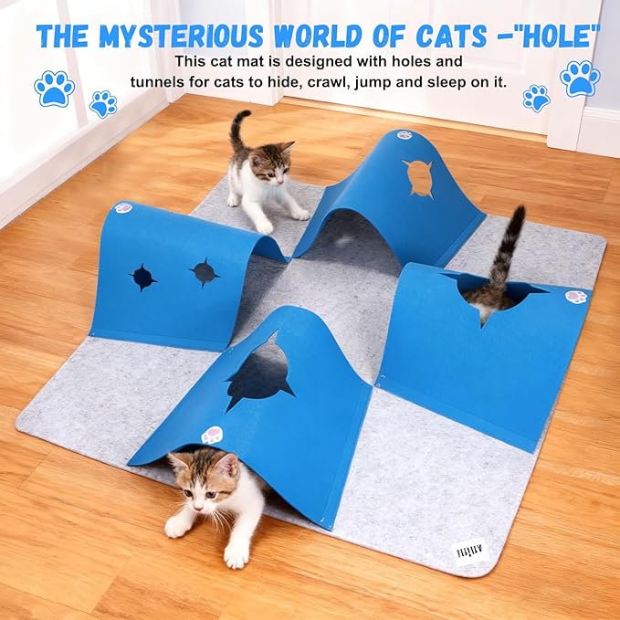 Interactive Cat Tunnel Mat for Indoor Cats, 4-Way Felt Cat Cave with Hanging Ball, Foldable Kitty Play Mat and Hideout, Pet Enrichment Toy for Kittens Rabbits Small Pets, Blue