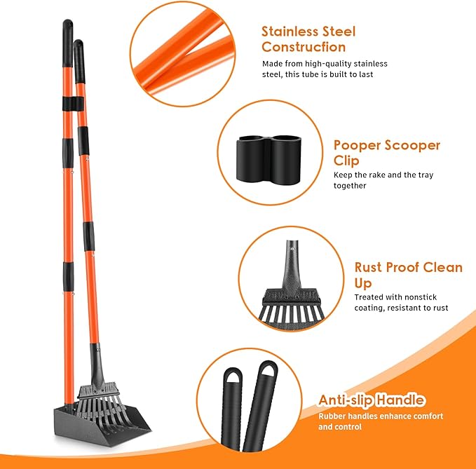 Pooper Scooper, Long Handle Dog Pooper Scooper for Medium Small Dogs Heavy Duty, Pet Supplies Stainless Metal Tray and Rake Set, Use on Grass, Dirt or Gravel