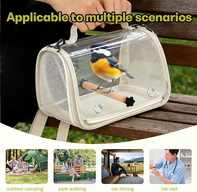 Hands Free Small Pet Cage with Breathable Mesh Windows Parrot Backpack for Vet Visit Shopping Hiking, Clear View Portable Bird Travel Carrier with Easy Clean Removable Tray and Perch