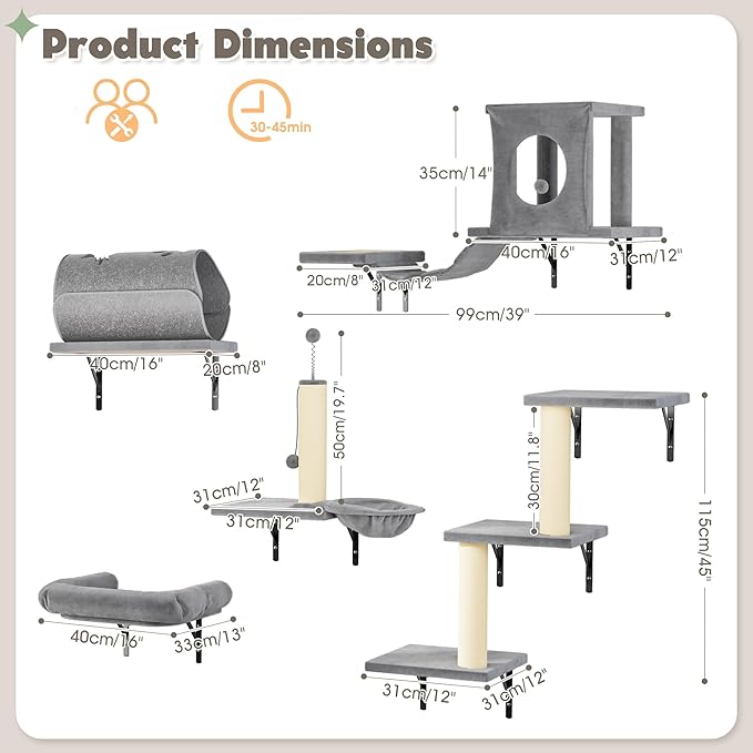 NUNU LAB 7-in-1 Wall Mounted Cat Climber Set, Cat Wall Furniture Set with House, Bridge, Steps, Scratcher Post, DIY Playground, Cat Wall Shelves - Gray