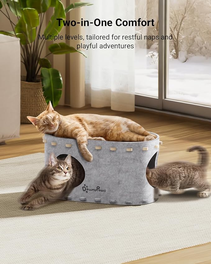 DownyPaws Cat House for Indoor Cats, Cat Bed Cave for Multiple & Large Cats Up to 22 Lbs, Scratch Resistant Peekaboo Cat Caves, Foldable Tunnel Enclosed Bed, PeekaPurr, Marble
