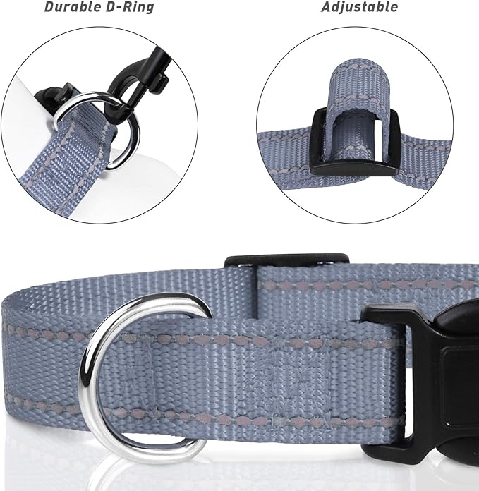 TagME Reflective Nylon Dog Collars, Adjustable Classic Pet Collar with Quick Release Buckle for Medium Dogs, Grey, 1.0" Width