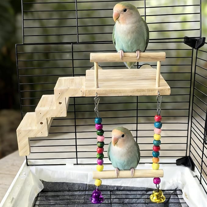 kathson Bird Perches Cage Toys with Bird Climbing Ladder Swing,Wooden Parrot Perches Platform,Parakeet Play Gyms Exercise Stands Cage Accessories for Green Cheeks,Lovebird,Budgie,Cockatiels