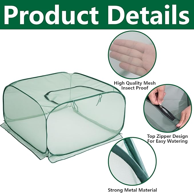 35" x 35" x 27.5" Pop Up Mesh Plant Cover, Foldable Plant Protector Mesh Plant Enclosure, Garden Net Cage Guard Cover with 4 Ground Stakes for Protecting Plant Vegetable Fruit from Birds Insects