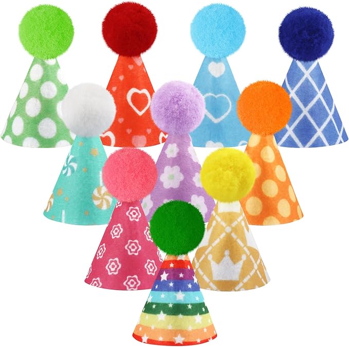 Hxezoc 10 Pcs Mini Birthday Party Hats Colorful Cone Felt Hats for Animals Stuffed Pets Birthday Holiday Accessories Decoration Supplies