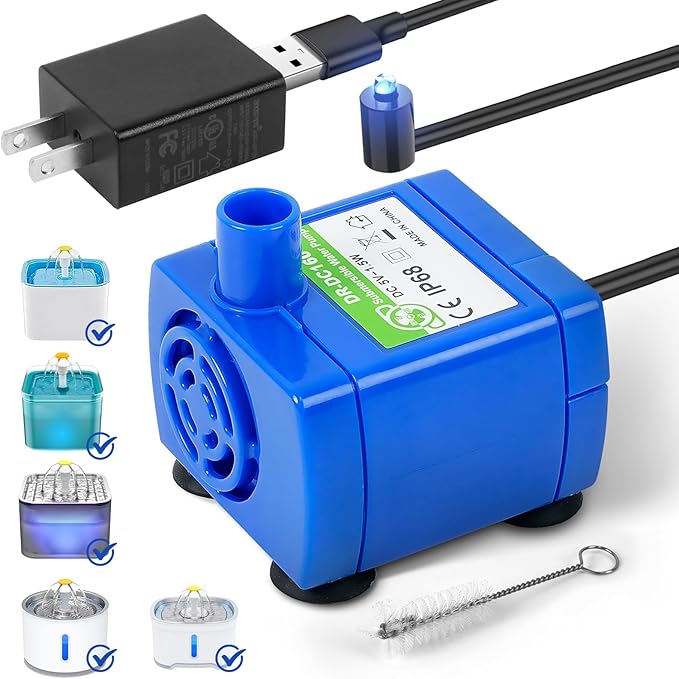 IP68 DR-DC160 Submersible Water Pump Cat Water Fountain Pump for Tritone Ceramic Stainless Steel Round Flower Cap Cat Fountains Automatic Pet Water Dispenser Replacement Pump (with LED&Adapter&Brush)