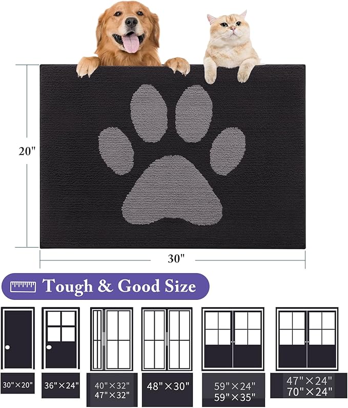 Buganda Dog Door Mat for Muddy Paws, Absorbent Dirt Trapper Non Slip Indoor Doormats, Washable Low-Profile Mat for Mud Dogs, Entryway Carpet for Inside Floor (30x20 Inches, Black and Grey)