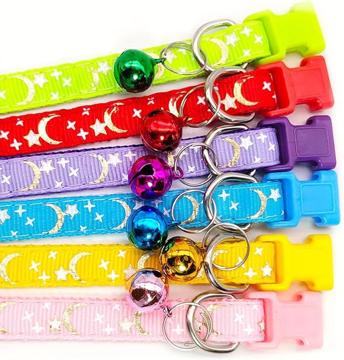 Reflective Cat Collars Breakaway with Bell Moons Stars 2 Pack Girl Boy Pet Kitten Collar Adjustable 7.5-12.5 Inch (Blue)