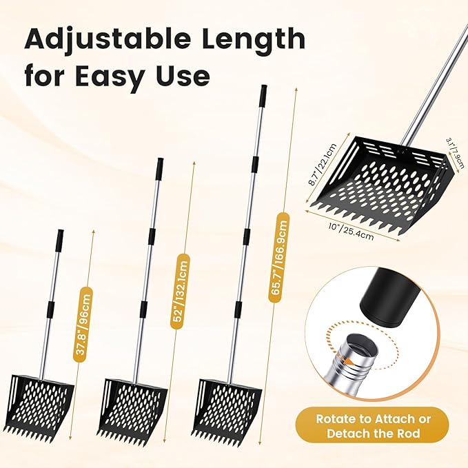Chicken Poop Scooper and Rake, 2-in-1 Metal Sand Sifting Shovel with 24-68 Inch Adjustable Stainless Steel Handle, Cleaning Tools for Outdoor Chicken Coops, Farm Animals House
