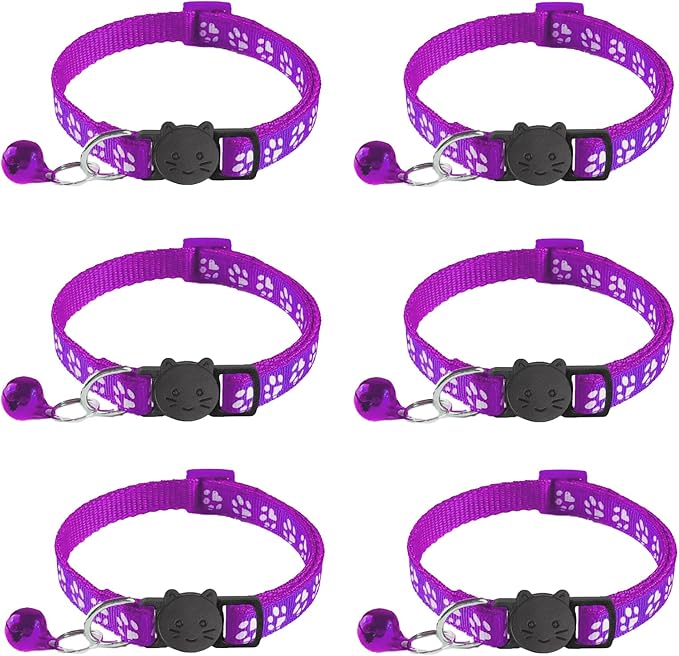 6 Pack Breakaway Cat Collar with Bells, Claw Print Design, Safety Buckle Kitten Collars, 0.4 Inches Width Lightweight, Adjustable 7.5-12.5 Inches Suitable for Girl Boy Cats