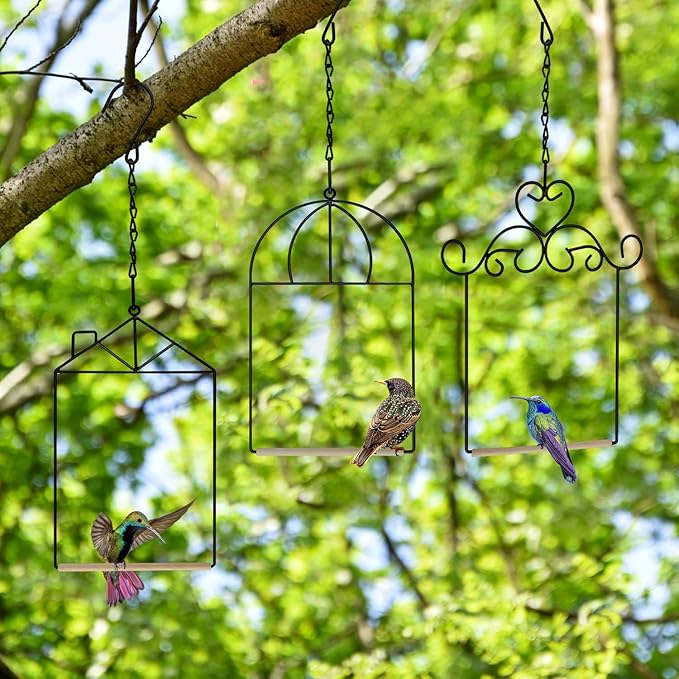 3PK Metal Frame Hummingbird Swings and Perches with Wooden Dowel Black Bird Swing Outdoor Bird Perch Humming Bird Swing