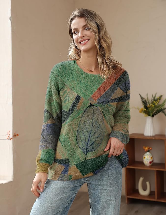 YESNO Women Christmas Sweater Graphic Printed Oversized Pullover Sweaters Casual Loose Knit Tops S01