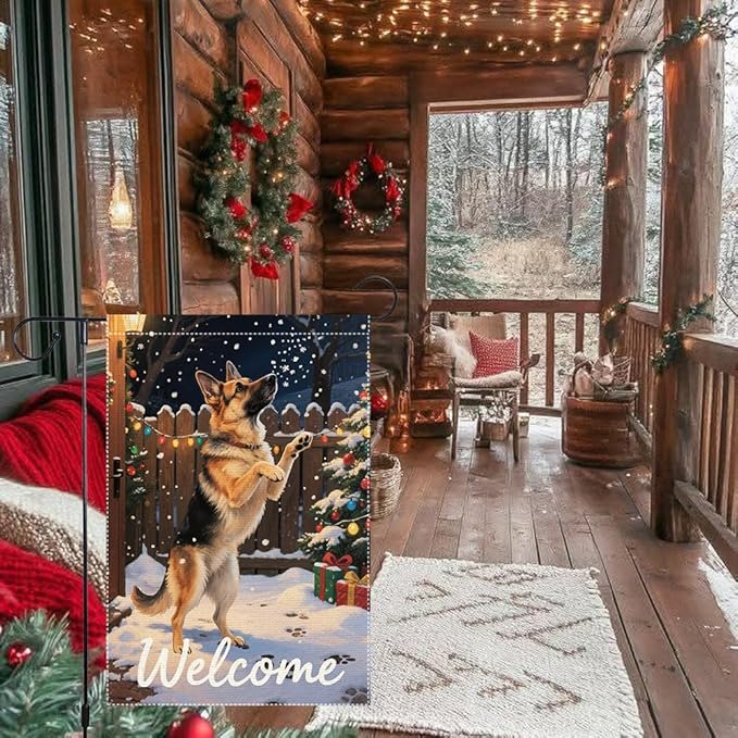 German Shepherd Welcome Garden Flag 12x18 Inch Double Sided Winter Christmas Burlap Yard Banner Outdoor Dog Lover Holiday Seasonal Decor for Home