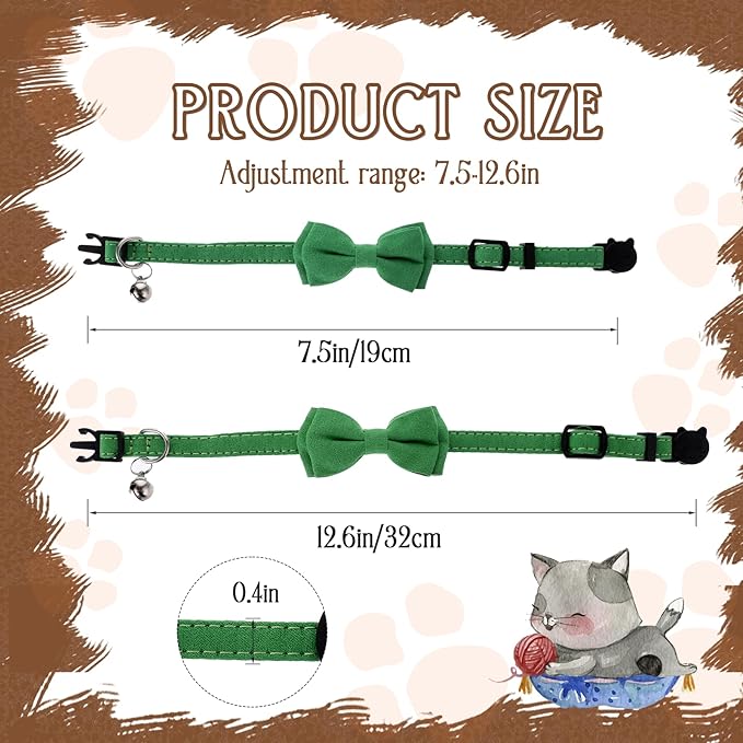 2 Pcs Bowtie Cat Collar with Bell Breakaway Cat Collars Cute Boy Kitten Collar Adjustable Small Puppy Safety Collar Solid Color Plaid Pet Collar (Green)
