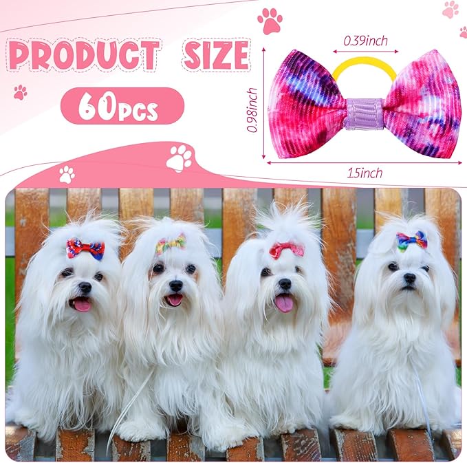 60 Pcs Cute Puppy Dog Hair Bows Small Bowknot Hair Bows with Rubber Bands Handmade Knot Accessories Pet Grooming Products for Holiday Birthday Gift(Tie Dye)