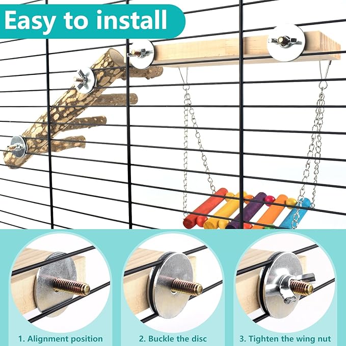 3in1 Bird Perch Toys for Parrots, Wooden Ladder Perch for Cage, Parrot Platform Stand Colourful Swing Hammock Climbing Bridge Exercise Cage Accessories for Budgies Cockatiels Lovebirds Hamster