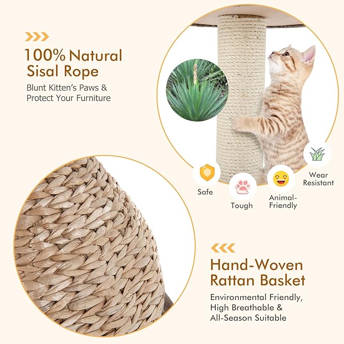 PETSITE Modern Cat Tree Tower, Paper Rope Natural Bowl Shaped with Perch, Scratching Post, Rattan Cat Activity Tree for Kittens, 28" Tall