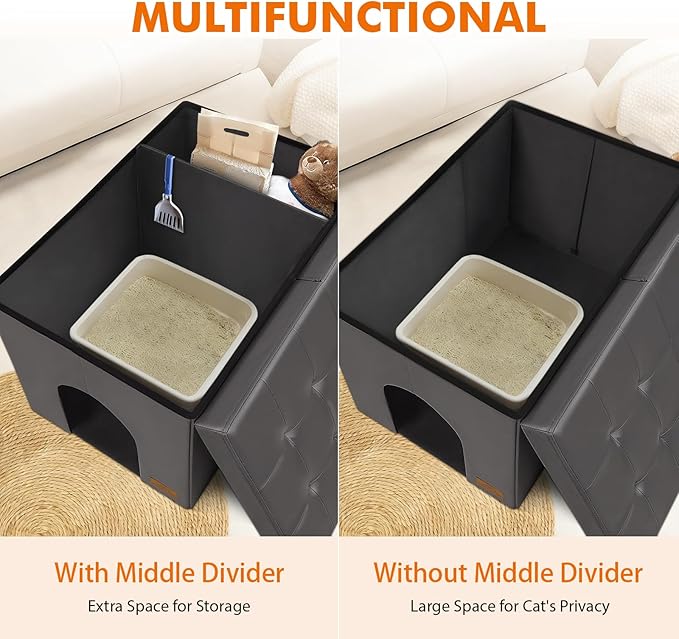 Cat Litter Box Enclosure Furniture for Odor Control, Hidden Cabinet Cat Litter Box Furniture Ottoman with Flip-Up Lid,Cats Litter Box Bench with Storage Space, Dog Proof (Gray-Faux Leather, Large)