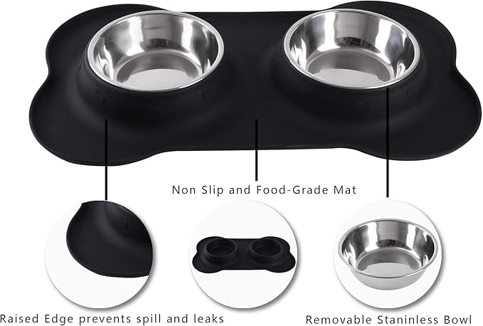 Hubulk Pet Dog Bowls 2 Stainless Steel Dog Bowl with No Spill Non-Skid Silicone Mat + Pet Food Scoop Water and Food Feeder Bowls for Feeding Small Medium Large Dogs Cats Puppies (Large, Black)