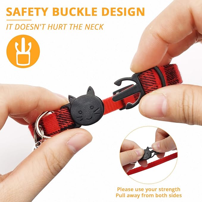 MJIYA Stylish Plaid Cat Collars with Bells - Adjustable Breakaway Kitten Collar (8-12 Inches) - Cute Collar for Girls and Boys - Pet Gift and Accessory (Red, 1 Pack)
