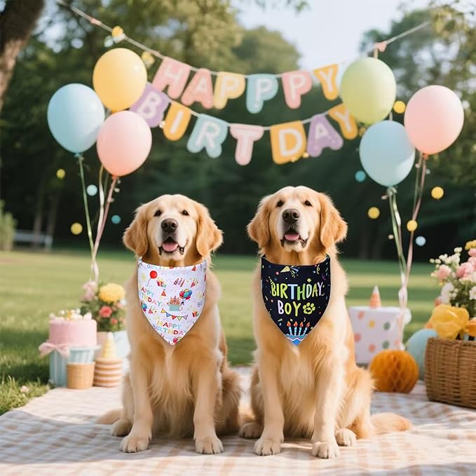 Dog Birthday Bandanas, 2-Pack Reversible 4 Patterns for Large X-Large Dogs - Black Boy & White Girl Birthday Scarf, Party Outfit Gift for Pups (18-23" Neck)