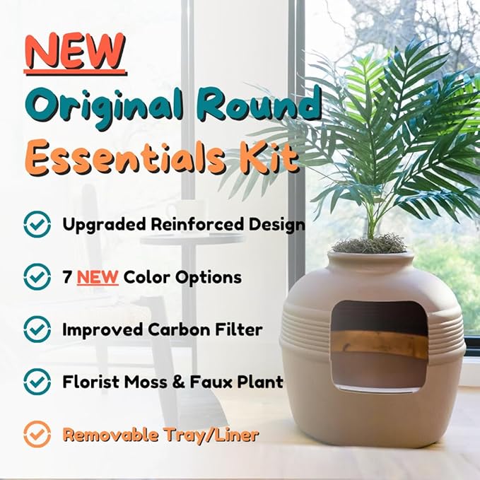 Good Pet Stuff Hidden Litter Box Planter, Decorative Cat Litter Enclosure with Carbon Filter, Artificial Plant, Easy Clean, Removable Liner, Round Style, Essentials Kit, Chestnut Brown