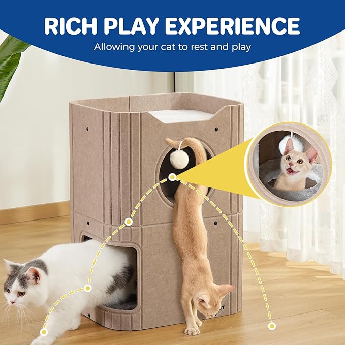 Cat House for Indoor Cats, 2-Storey Cat Bed Cave, Felt Cat Hideaway Condo with Resistant Scratching Freedom Kitten Cube for Multicats Beige