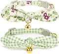 2 Pack Cotton Cat Collar, Removable Bowtie, Floral Pattern, Safety Breakaway Clasp, Adjustable for Cats.(Adult Cat, Check+Green)