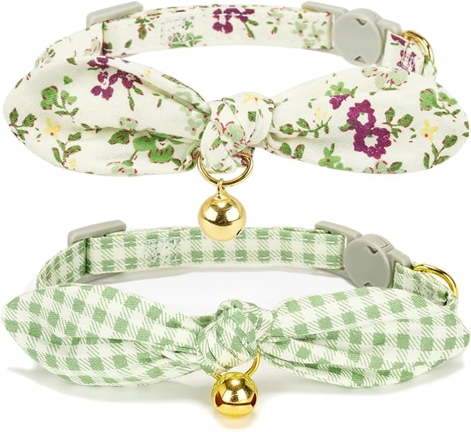 2 Pack Cotton Cat Collar, Removable Bowtie, Floral Pattern, Safety Breakaway Clasp, Adjustable for Cats.(Adult Cat, Check+Green)