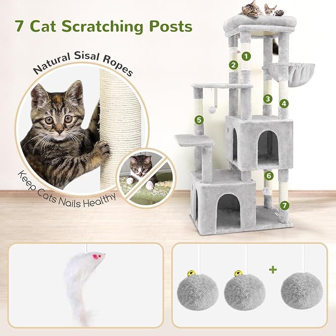Globlazer Cat Tower for Indoor Cats, Heavy Duty Cat Trees for Large Adult Big Cats Maine Coon Cat Tree Tower with Scratching Post, Extra Large Top Perch, Cat Condos, F61, Cloud Grey, 61inch