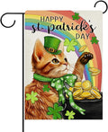 Dyrenson Happy St Patricks Day Orange Cat Decorative Garden Flag, Pet Rainbow Pot of Gold Yard Outside Home Decorations, Spring Irish Shamrock Clover Burlap Outdoor Small Decor Double Sided 12 x 18