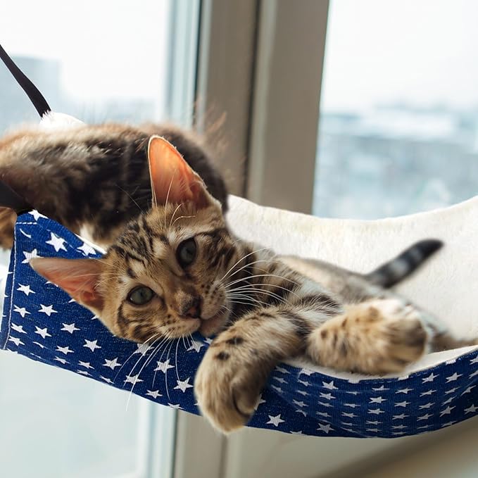 Jetec 2 Pack Cat Hammock for Cage, Catio Accessories Reversible Soft Cats Bed with Adjustable Straps and Hooks Double-Sided Linen and Fleece Hanging Hammock for Cats, Kitten(Pentagram,M)