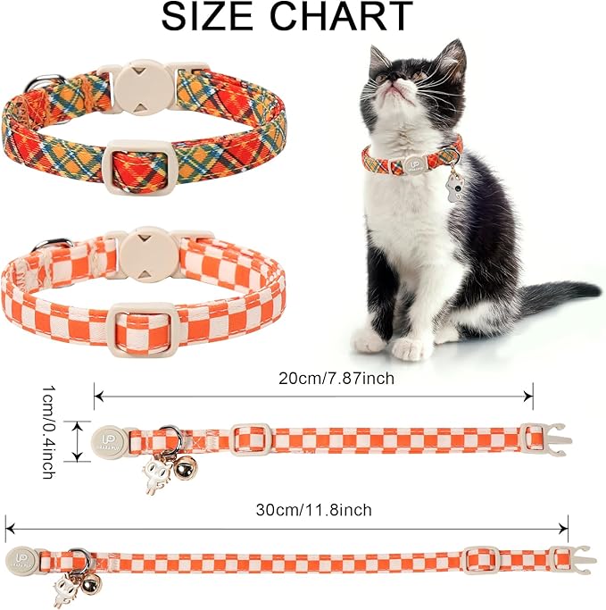 Cat Collar-2Pack Autumn Orange Plaid Kitten Collars-Halloween Plaid Breakaway Kitty Collars-Cute Kitty Pendants,Yellow Orange Grid Cat Collar with Bell, for Girl & Boy Cats
