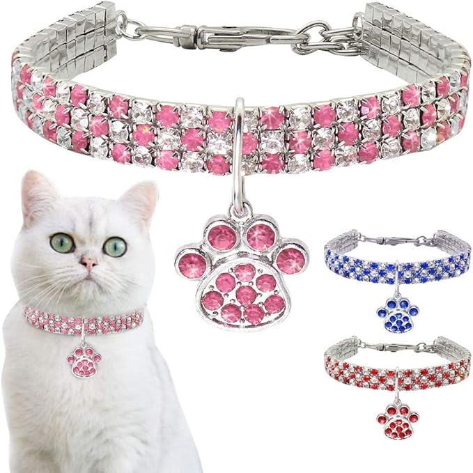 Pet Collar with Diamonds, Adjustable Crystal Diamond Elastic Heart Claw Pendant Wedding cat and Dog Small pet Necklace Jewelry