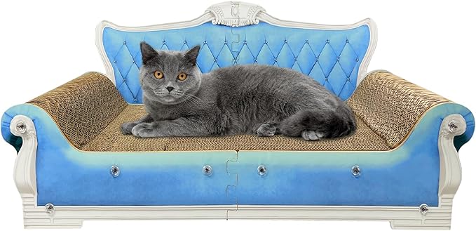 Luxury Cardboard Cat Scratcher Sofa Bed, Couch Shaped Scratching Board, Scratch Lounge with Catnip, Cat Scratcher for Indoor Cats Large Blue