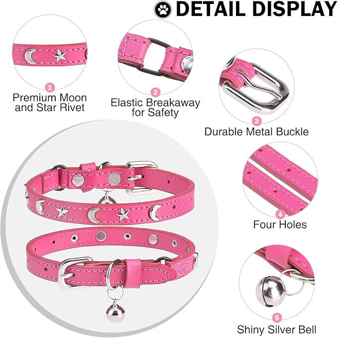 Leather Cat Collars for Boy Girl Cats with Bell and Safety Elastic Belt, Personalized Star and Moon Stud Adjustable Safe Buckle Collar for Kitty Small Big Cats Size 7-9 Inch, Rose