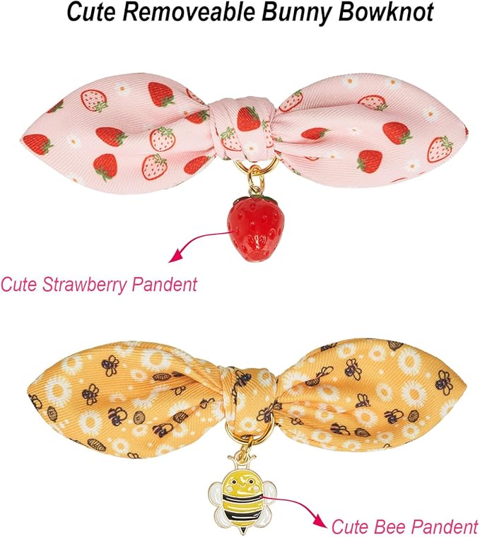 Bowtie Cat Collar with Bell 2 Pack Stylish Breakaway Kitten Collars with Removeable Bowknot,Yellow Bee & Pink Strawberry