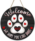 Deroro Welcome We Hope You Like Dogs Front Door Sign, Dog Cat Paw Print Black Farm Wood Door Hanger Outdoor Porch Decor, Woof Farmhouse Wooden Wreath Indoor Wall Hanging Decoration Dog Lover Gifts