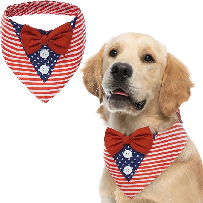 FUAMEY Dog Tuxedo American Flag for Large Dogs,Dog Formal Suit Dogs Attire Pet Bow Tie Puppy Party Costumes Cat Tux Outfits Pets Bandana Cosplay Adjustable Bowties 4th of July Independence Day XL