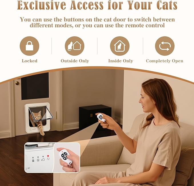 Smart Cat Door for Interior & Exterior, Flap Opening is 7.67’’ (H) by 7'' (W), RFID Cat Pet Door with 3 RFID Collar Sensor Keys & 1 Remote & 4 Way Locking Cat Flap, Automatic Opening Cat Door ﻿(White)