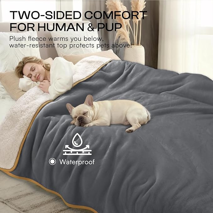 Luciphia Waterproof Pet Blanket, Liquid Pee Proof Dog Blanket for Sofa Bed Couch, Reversible Sherpa Fleece Furniture Protector Cover for Small Medium Large Dogs Cats, Grey+Beige Small（40" x 28"）