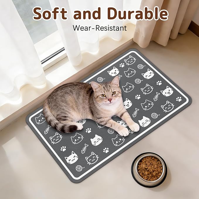 Dog Food Mat for Bowls, Absorbent Quick Dry Dog Cat Mats for Food and Water, Non-Slip Backing Pet Mat Pet Supplies - Cute Cat Pattern