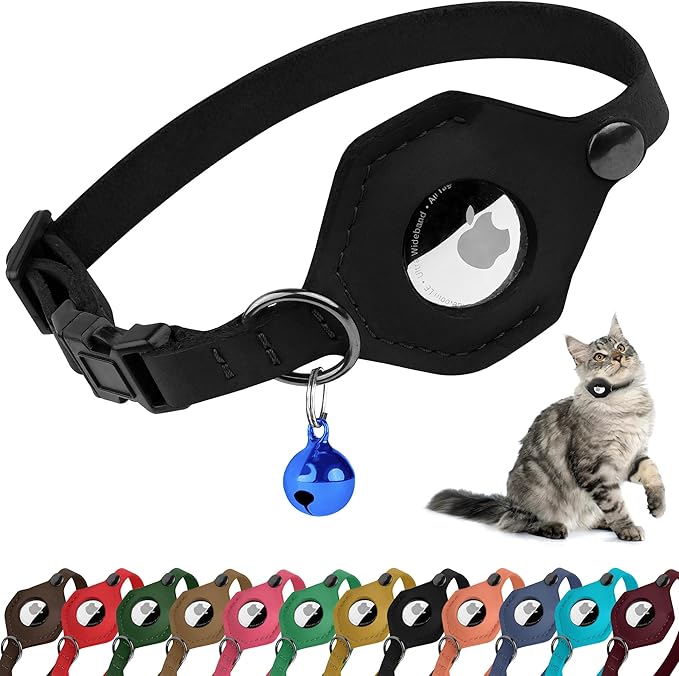 Breakaway Airtag Cat Collar with Removable Bell - Leather Pet Collar with Apple Air Tag Holder - Adjustable GPS Collars for Girl Boy Cats Kitten Puppy - Lightweight, Cute and Comfortable (Black)