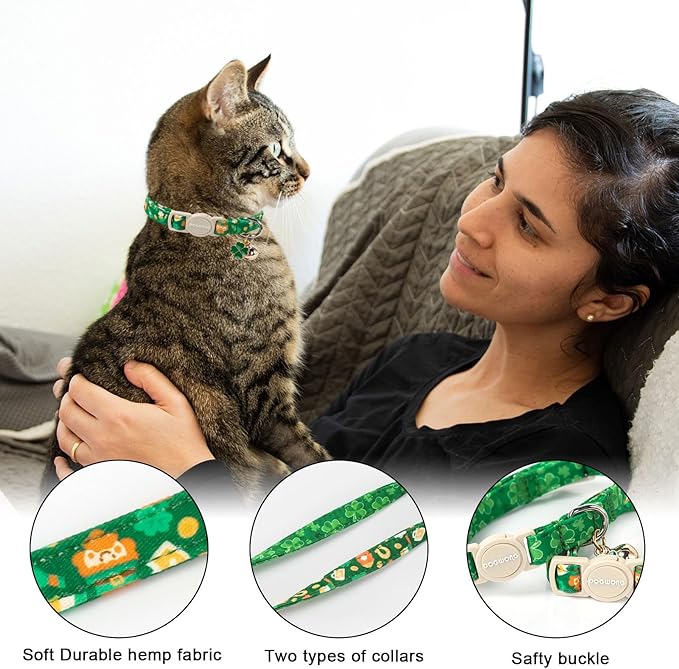 Cat Collar,2 Pack St.Patrick's Day Cat Collars Breakaway with Bell, DOGWONG Safety Buckle Cat Collar Green Trefoil Cat Collar for Girl Boy Cats，Adjustable 7-12 Inch
