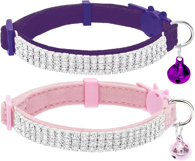 EXPAWLORER Soft Velvet Safe Cat Collars for Girl Cats - Rhinestones Bling Diamante Adjustable Collars Breakaway- Chirstmas Cat Clollar Gifts with Bells for Boy Cats Kitty and Small Dogs