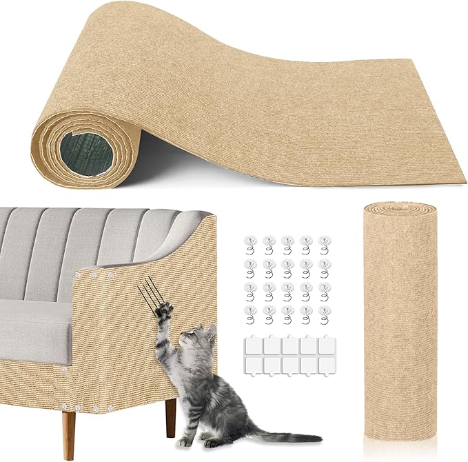Cat Scratch Mat,118.5"x15.9" Trimmable Self-Adhesive Cats Scratch Carpet,Couch Protector from Cats Claw, Cat Scratch Furniture Protector, Indoor Furniture Protection for Chair, Wall, Sofa (Beige)