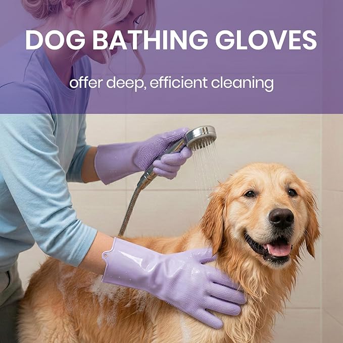 DELOMO Pet Grooming Gloves 1 Pair: Soft and Gentle Silicone Dog Washing Gloves - Bathing Scrubber Brush Mitt Grooming Shedding Fur Removal Massage for Dogs/Cats/Horse, Purple