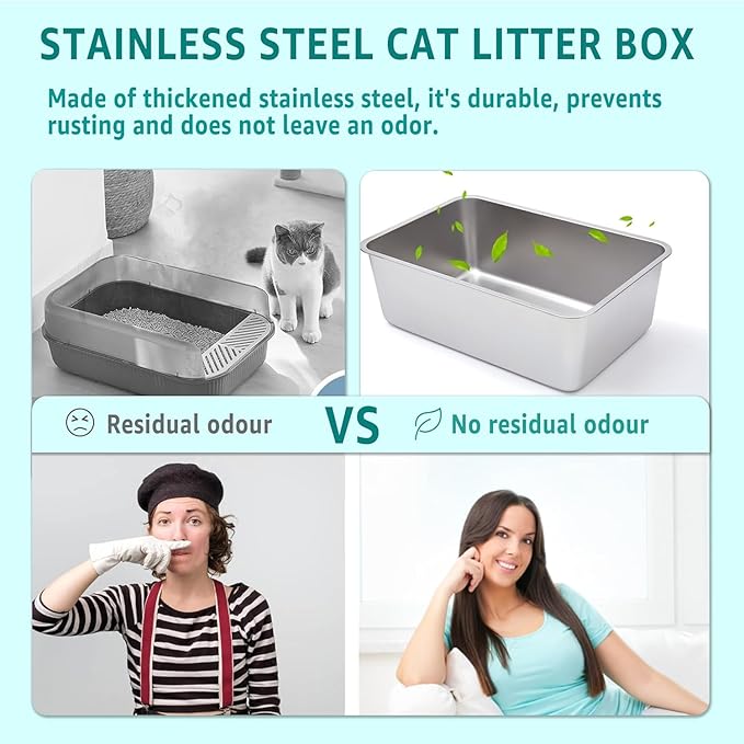 Stainless Steel Litter Box, Metal Litter Box, Cat Litter Box for Kitten, Kitty, Rabbit, 6" High Side Cats Litter Boxes, Cat LitterBox, No Smell, Non Stick, Easy to Clean